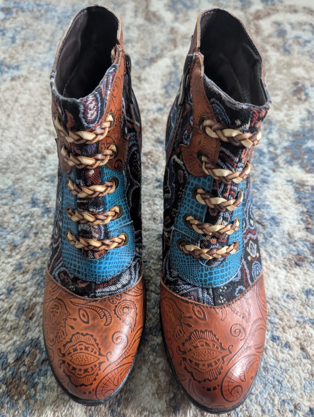 Socofy Ankle Boots Colorful Leather Boho Hippie Zip Up Bootie Womens